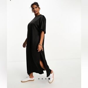 ASOS Design Curve Satin Oversized Midi T-Shirt Dress in Black